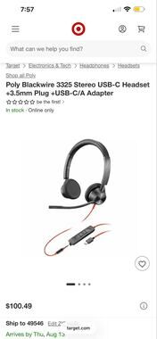 Poly Plantronics Blackwire 3325 Wired USB Headset- new with out box